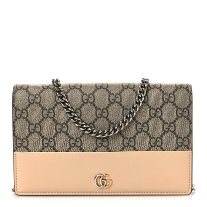 GG Supreme Monogram Textured Dollar Calfskin Mini GG Marmont Chain Wallet Souffle Rose