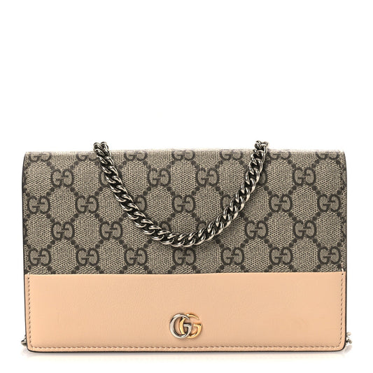 GG Supreme Monogram Textured Dollar Calfskin Mini GG Marmont Chain Wallet Souffle Rose