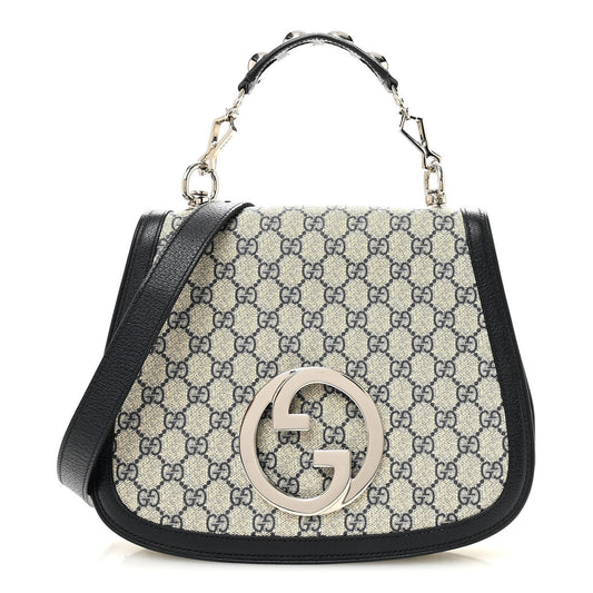 GG Supreme Monogram Textured Dollar Calfskin Web Medium Blondie Top Handle Shoulder Flap Bag Beige Blue
