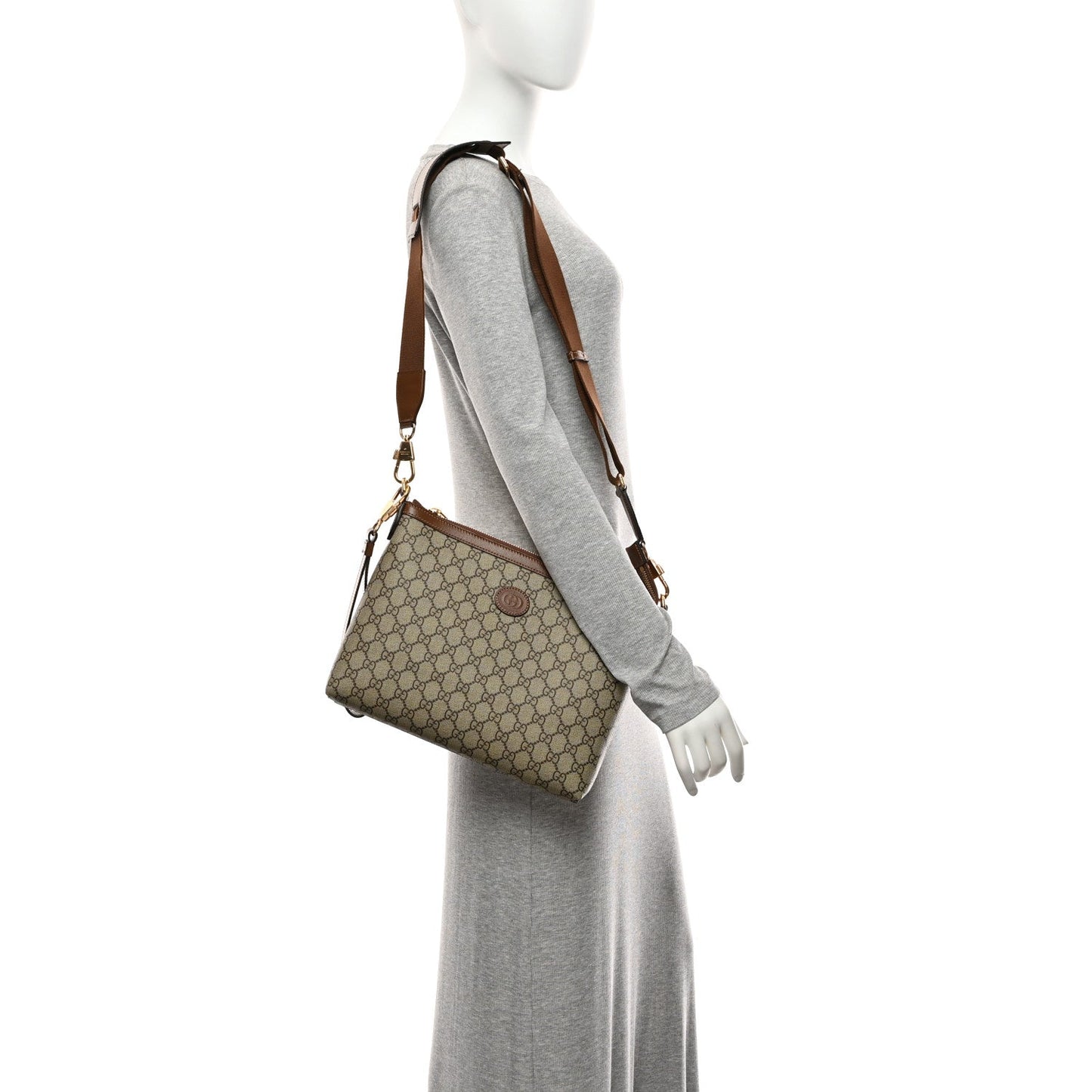 GG Supreme Monogram Azalea Calfskin Retro Interlocking G Wristlet Messenger Bag Beige Ebony Brown Sugar