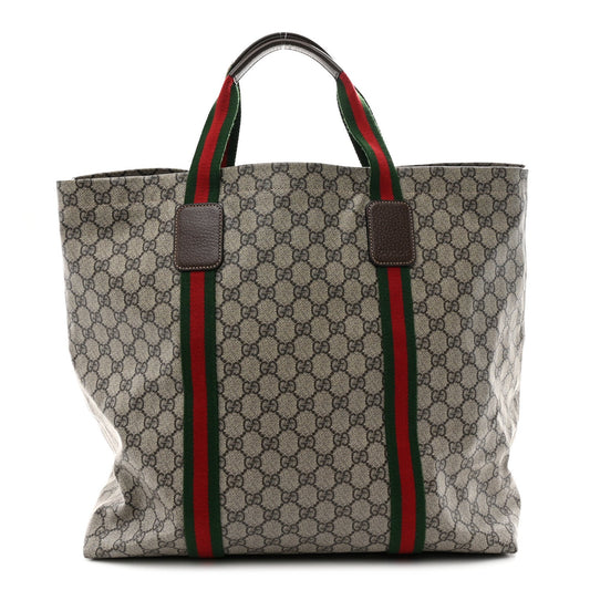 Tender GG Supreme Monogram Textured Dollar Calfskin Web Tote Beige Ebony New Acero