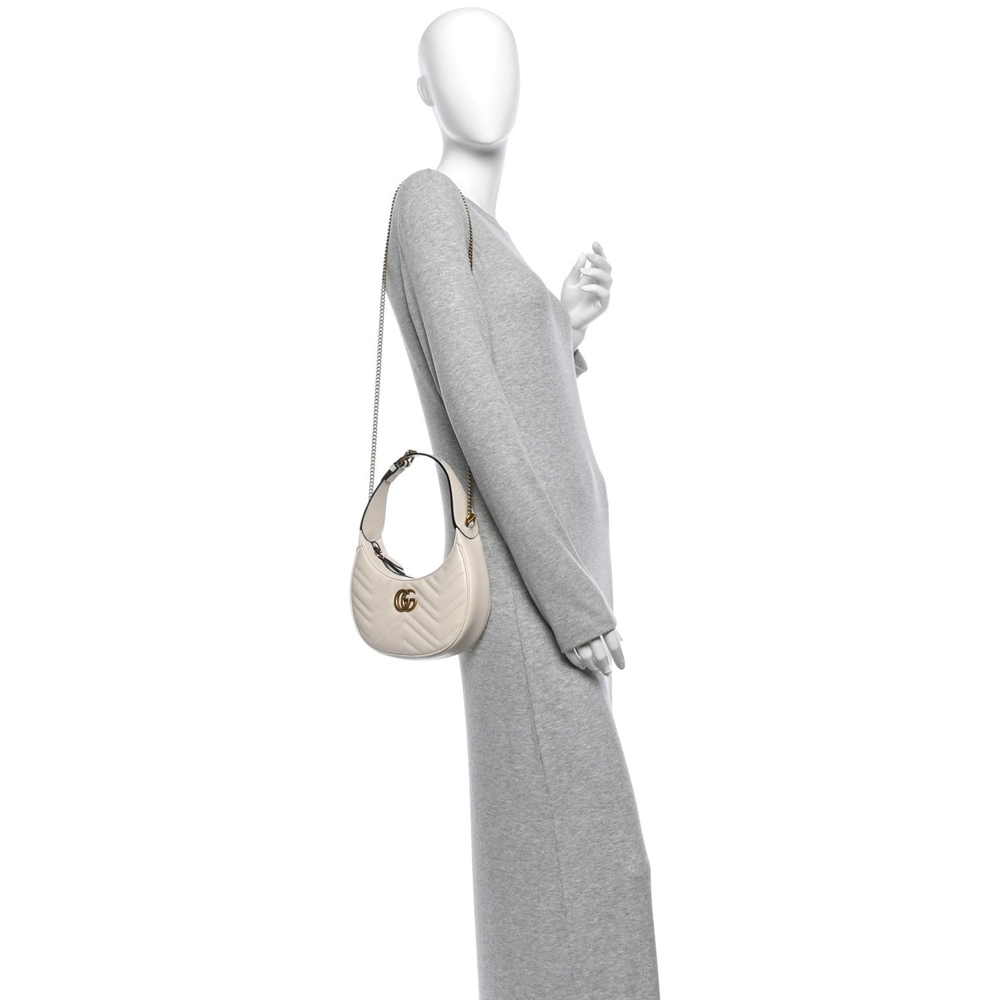 Calfskin Matelasse Chevron Mini GG Marmont Half Moon Hobo Mystic White