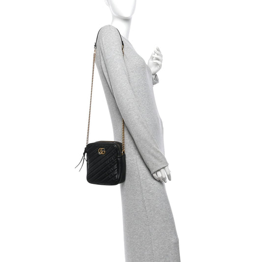 Azalea Calfskin Matelasse Diagonal Tall GG Marmont Crossbody Bag Black