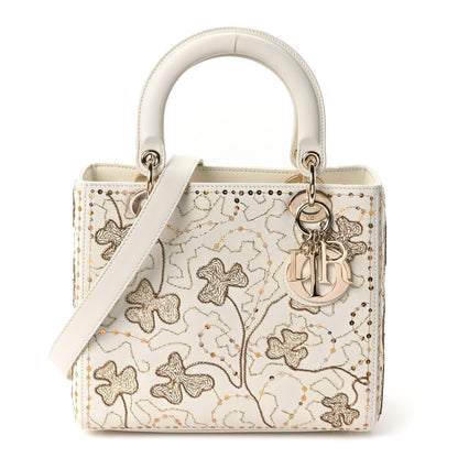 Smooth Calfskin Sequin Embroidered Clover Medium Lady Dior White