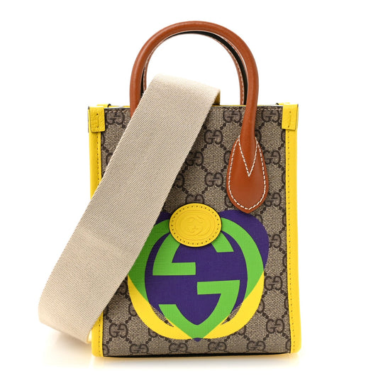 GG Supreme Monogram Textured Dollar Calfskin Heart Interlocking G Mini Vertical Tote Beige Ebony Harness Brown Yellow