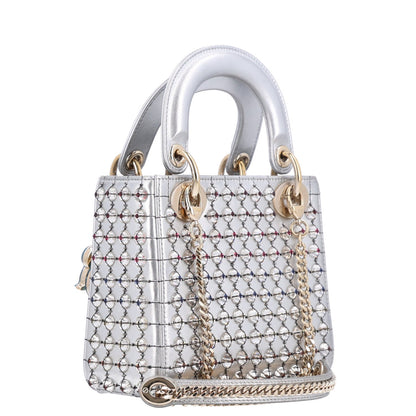 Metallic Calfskin Satin Celestial Bead Embroidery Cannage Mini Lady Dior Silver