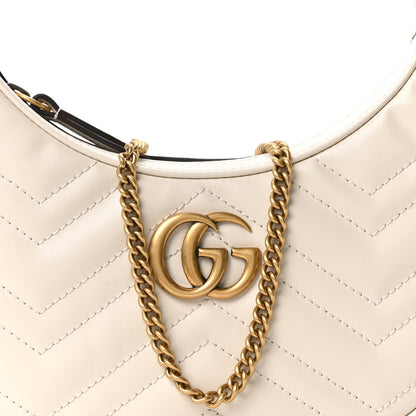 Calfskin Matelasse Chevron Mini GG Marmont Half Moon Hobo Mystic White