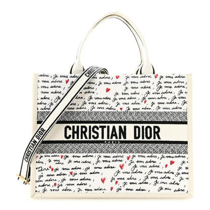 Calfskin Canvas Embroidered Medium Dioramour Je Vous Adore Book Tote With Strap White Black Red