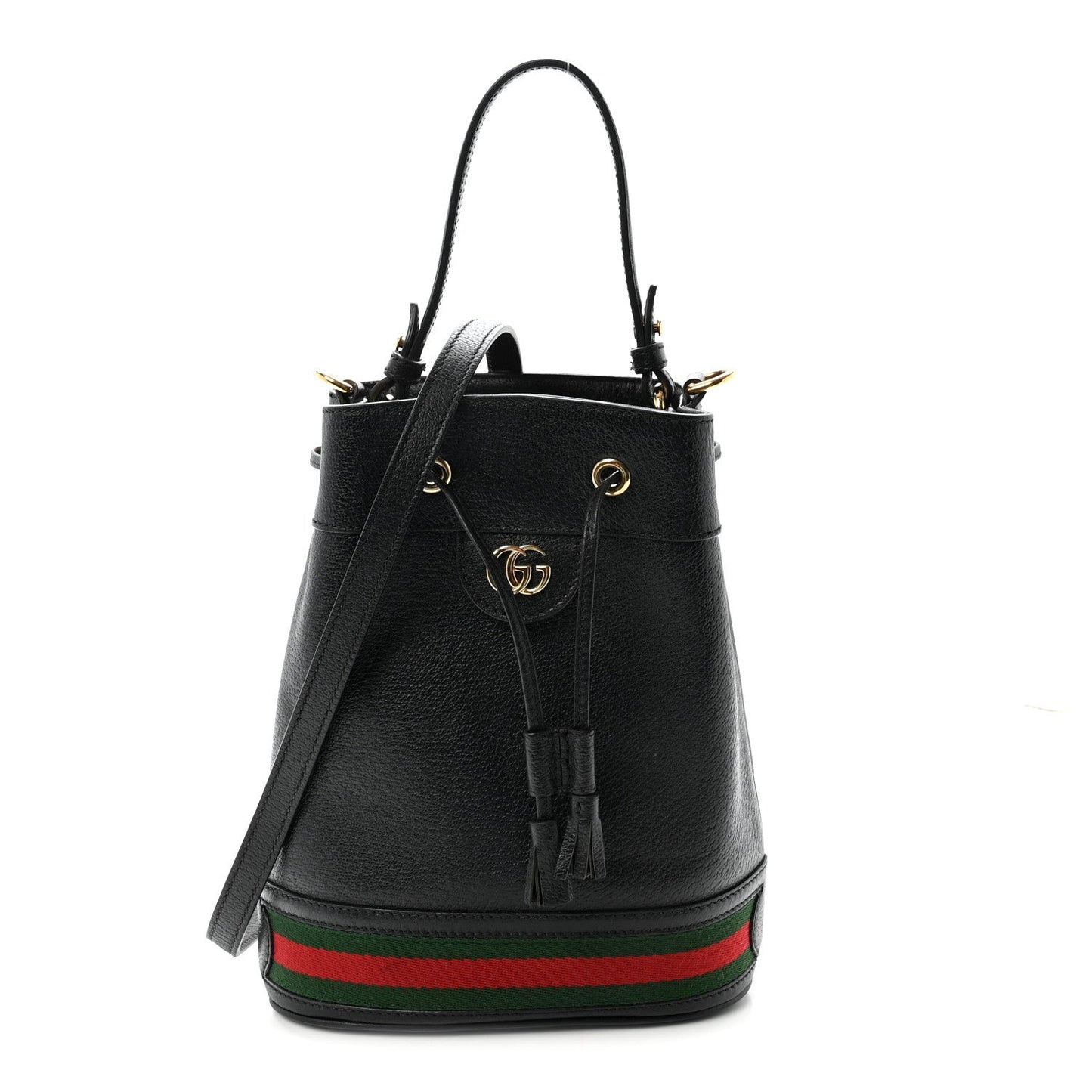 Glazed Textured Calfskin Web Small Ophidia Bucket Bag Black