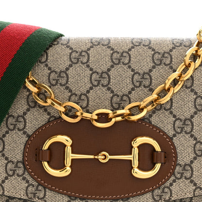 GG Supreme Monogram Azalea Calfskin Web Small Horsebit 1955 Crossbody Bag Beige Ebony Brown Sugar