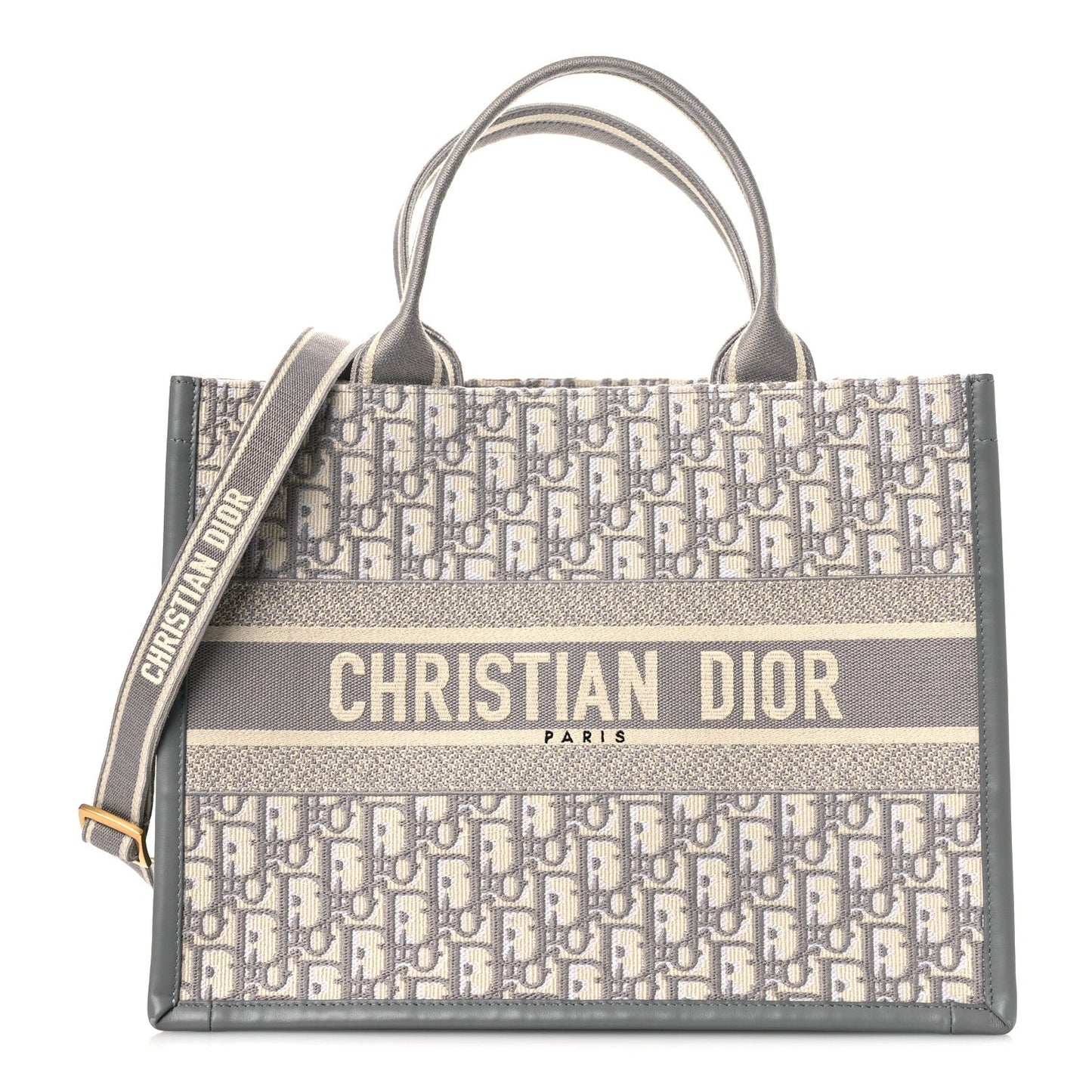 Oblique Chambray Calfskin Medium Book Tote With Strap Grey Latte
