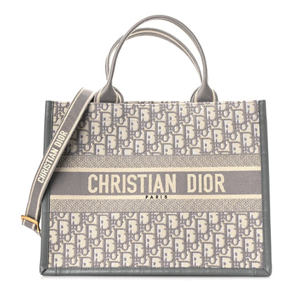Oblique Chambray Calfskin Medium Book Tote With Strap Grey Latte