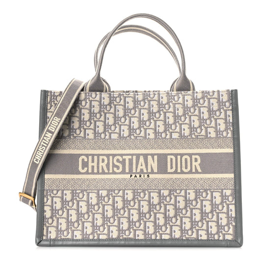 Oblique Chambray Calfskin Medium Book Tote With Strap Grey Latte