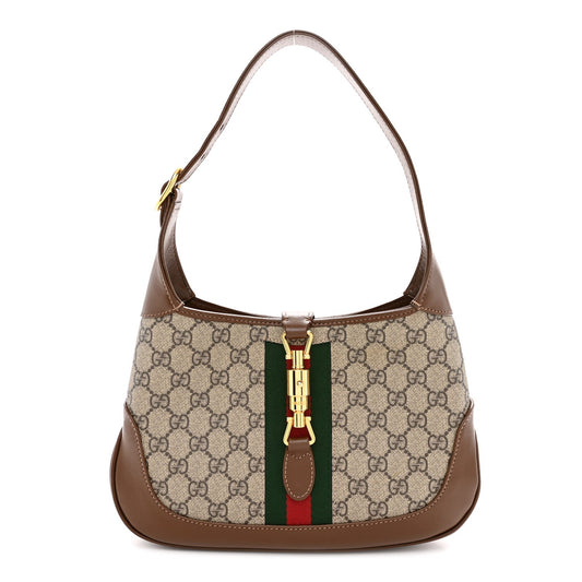 GG Supreme Monogram Azalea Calfskin Web Small Jackie 1961 Hobo Beige Ebony Brown Sugar