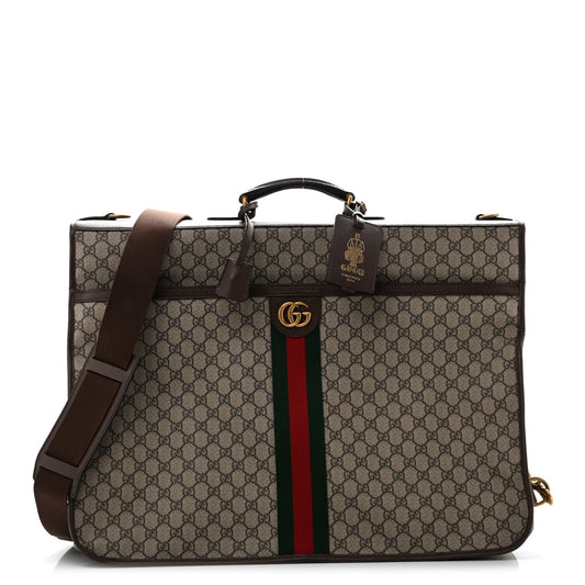 GG Supreme Monogram Textured Dollar Calfskin Web Ophidia Savoy Garment Bag Beige Ebony New Acero