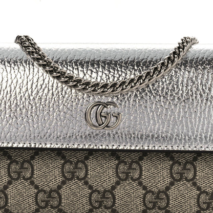 Metallic Calfskin GG Supreme Monogram Petite GG Marmont Wallet Chain Bag Silver Beige Ebony