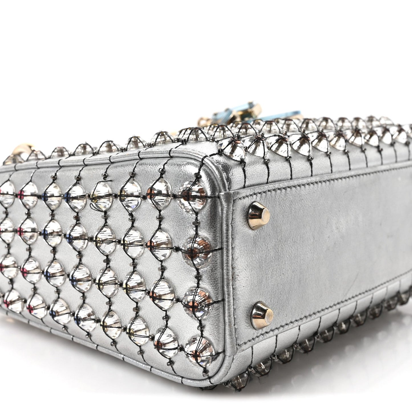 Metallic Calfskin Satin Celestial Bead Embroidery Cannage Mini Lady Dior Silver