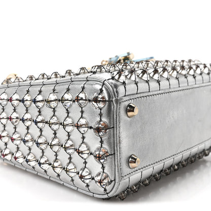 Metallic Calfskin Satin Celestial Bead Embroidery Cannage Mini Lady Dior Silver