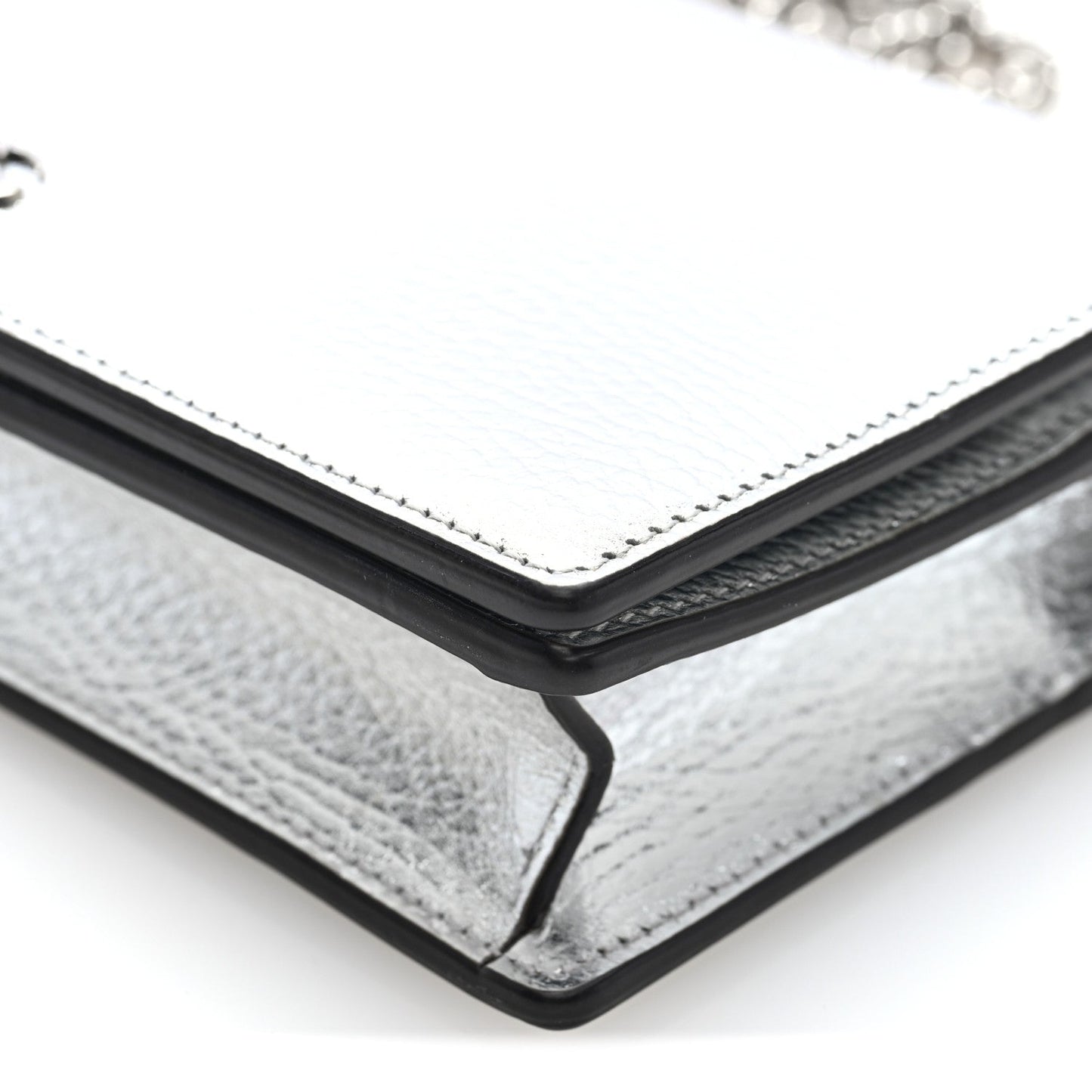 Metallic Dollar Calfskin Mini GG Marmont Chain Wallet Silver