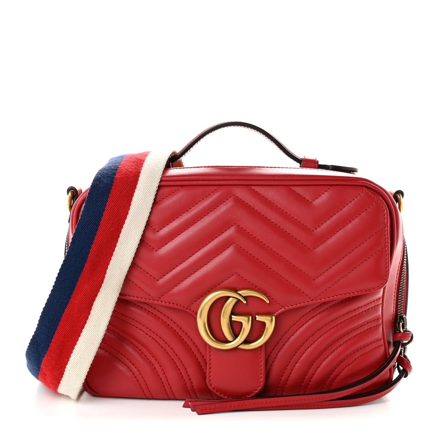Calfskin Matelasse Sylvie Web Small GG Marmont Top Handle Shoulder Bag Hibiscus Red