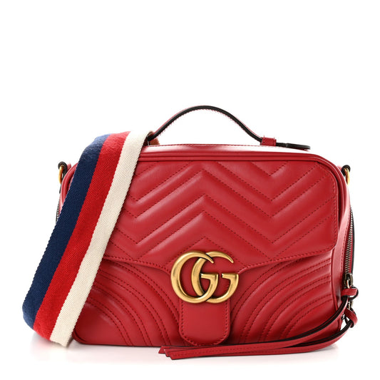 Calfskin Matelasse Sylvie Web Small GG Marmont Top Handle Shoulder Bag Hibiscus Red