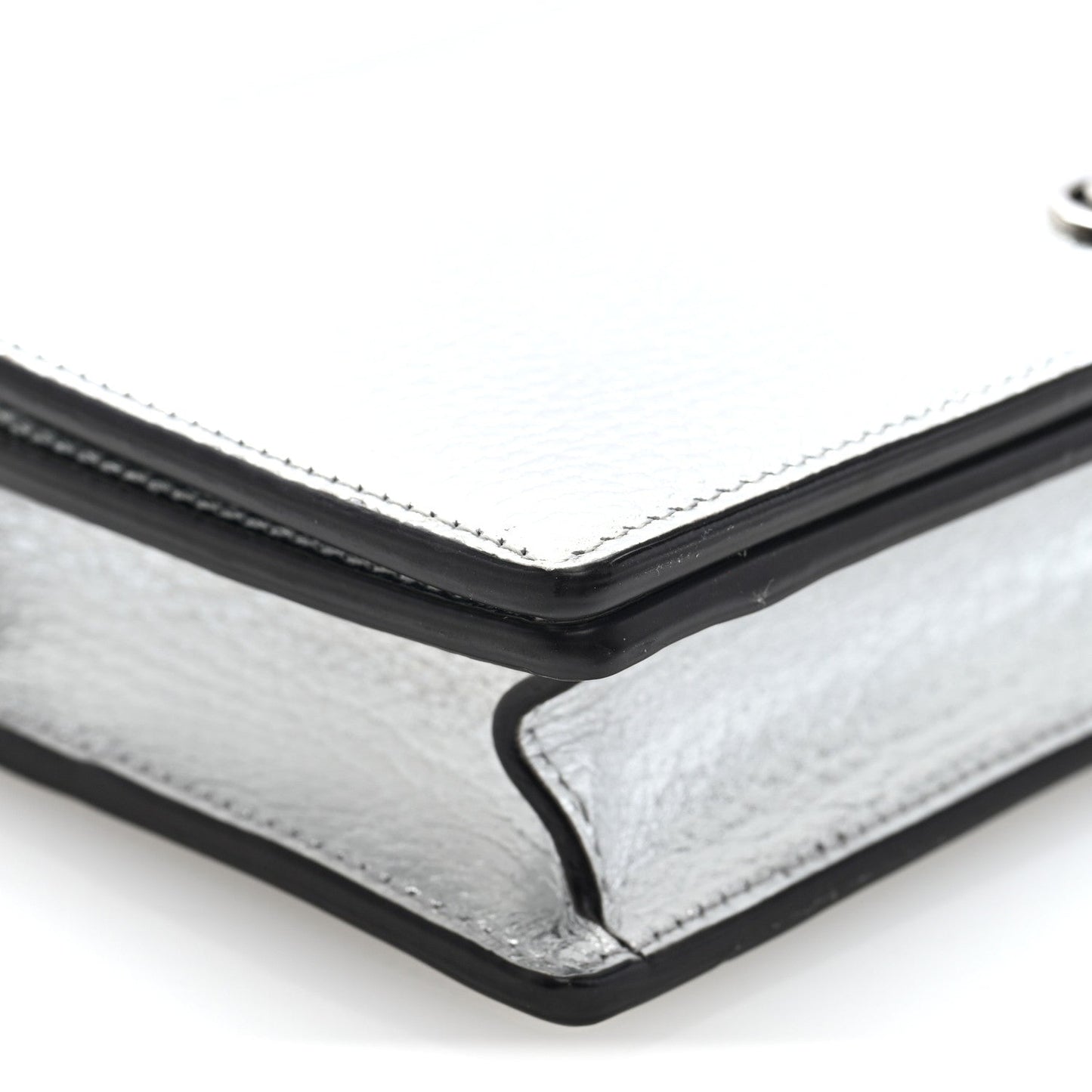 Metallic Dollar Calfskin Mini GG Marmont Chain Wallet Silver