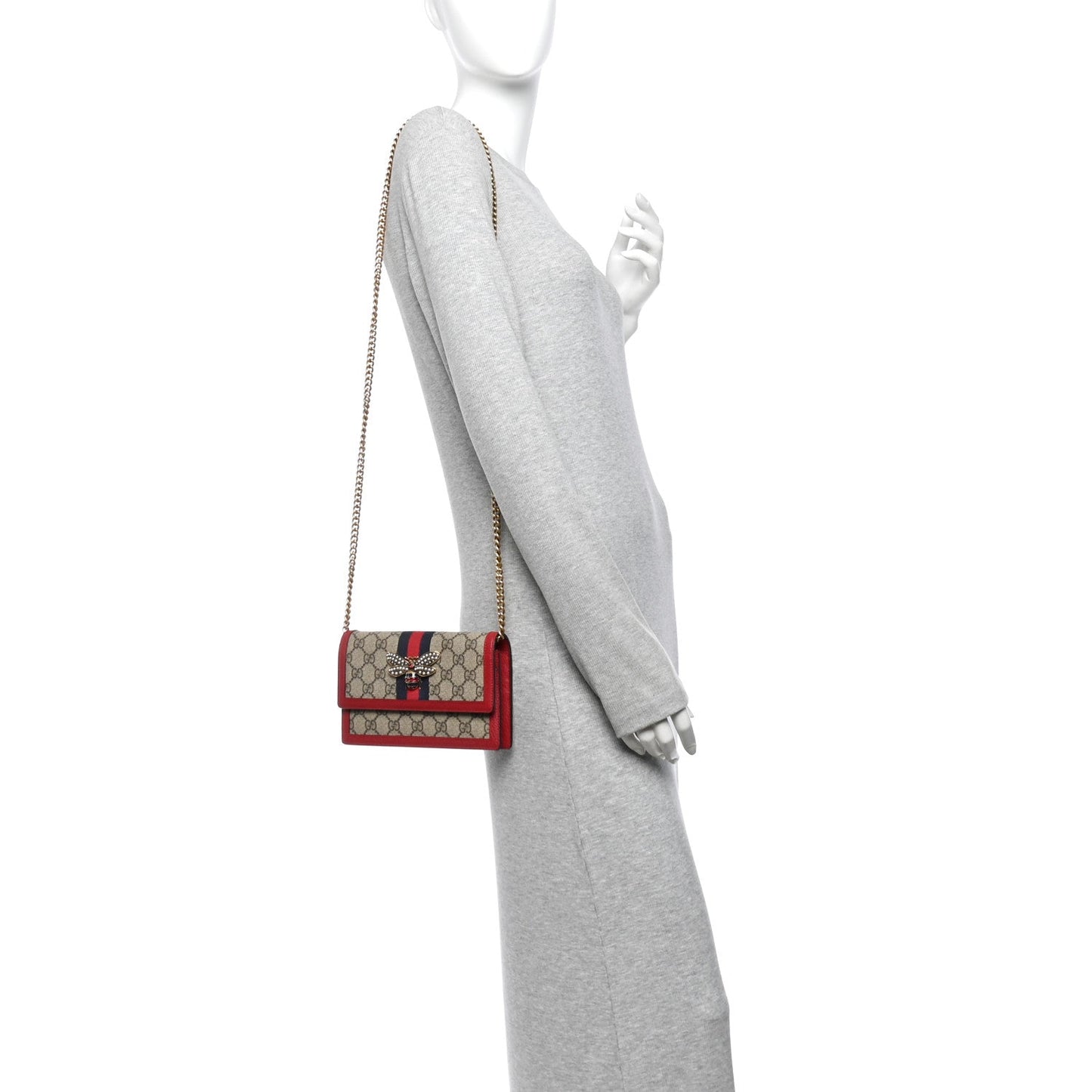 GG Supreme Monogram Web Queen Margaret Chain Wallet Red