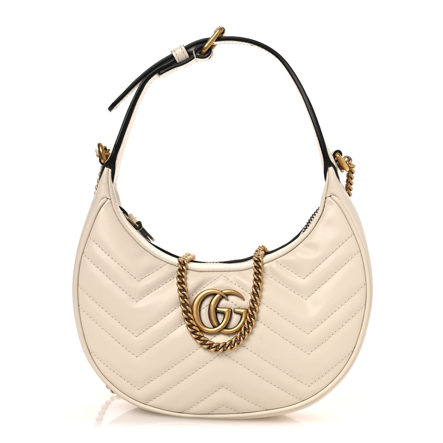 Calfskin Matelasse Chevron Mini GG Marmont Half Moon Hobo Mystic White