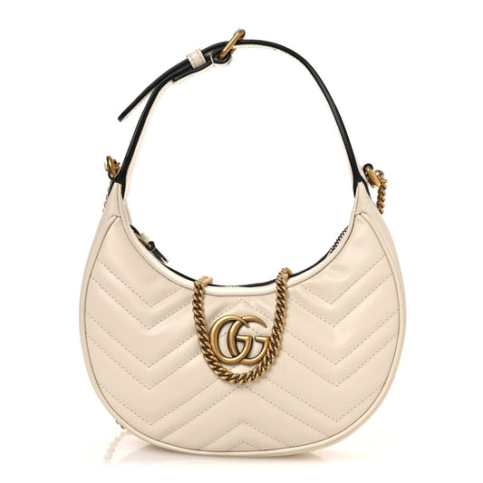 Calfskin Matelasse Chevron Mini GG Marmont Half Moon Hobo Mystic White