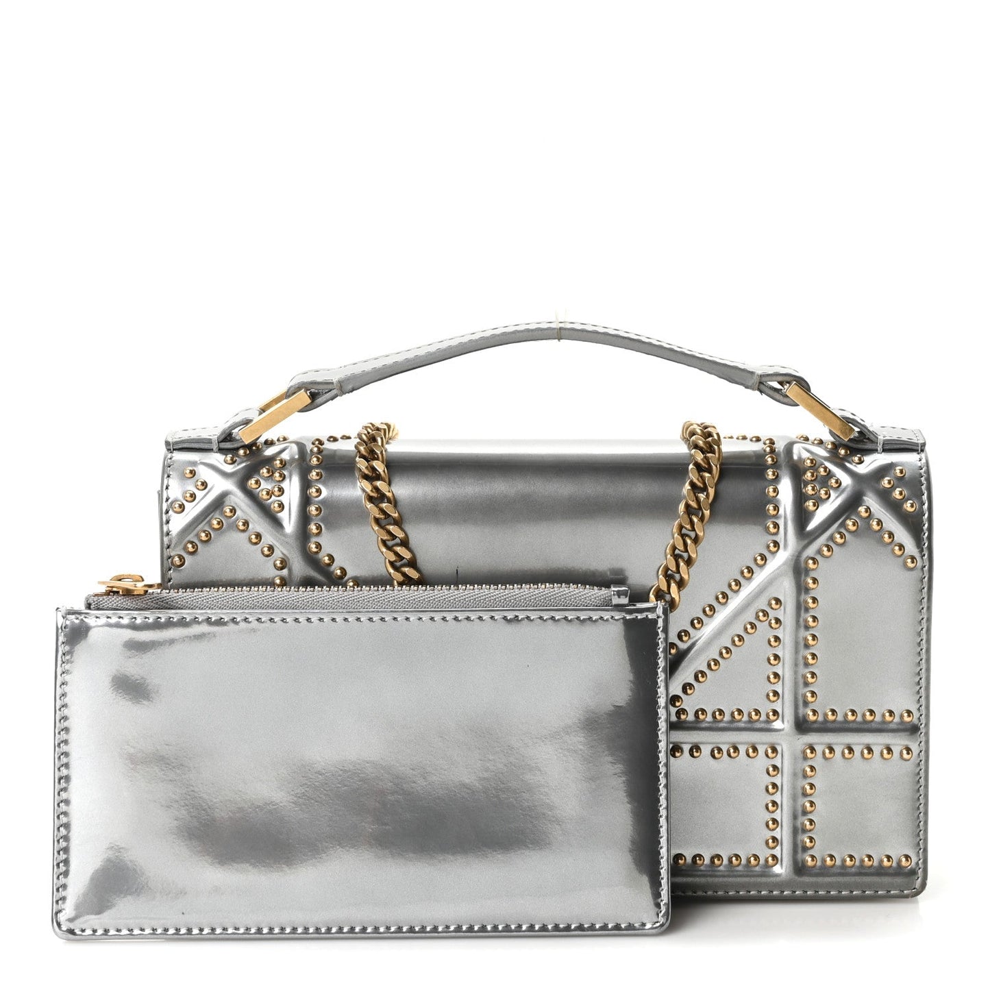 Metallic Patent Studded Diorama Top Handle Wallet on Chain Pouch Silver