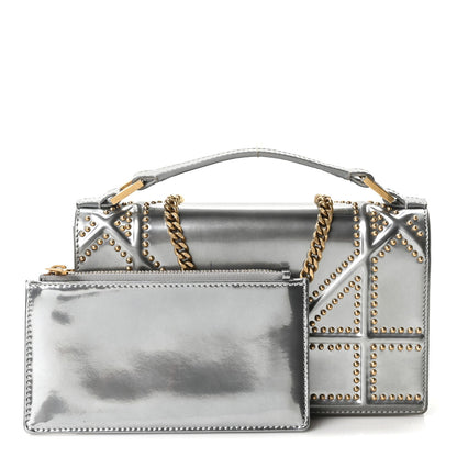 Metallic Patent Studded Diorama Top Handle Wallet on Chain Pouch Silver