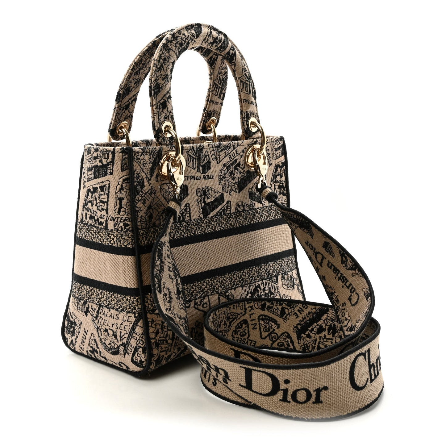 Canvas Embroidered Medium Plan de Paris Lady D-Lite Beige Black