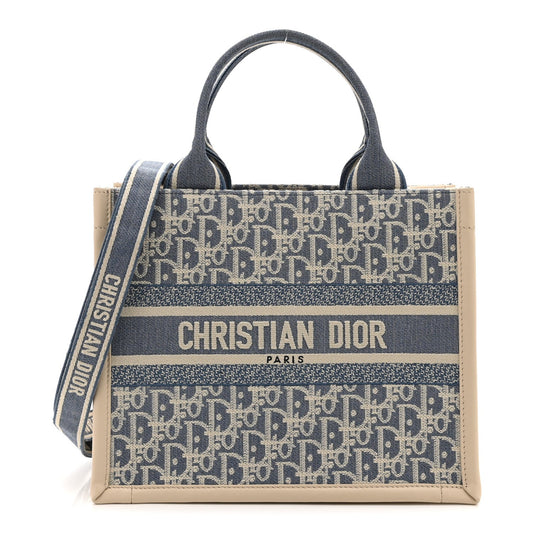 Oblique Chambray Calfskin Small Book Tote With Strap Blue Latte