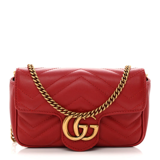Calfskin Matelasse Super Mini GG Marmont Shoulder Bag Hibiscus Red