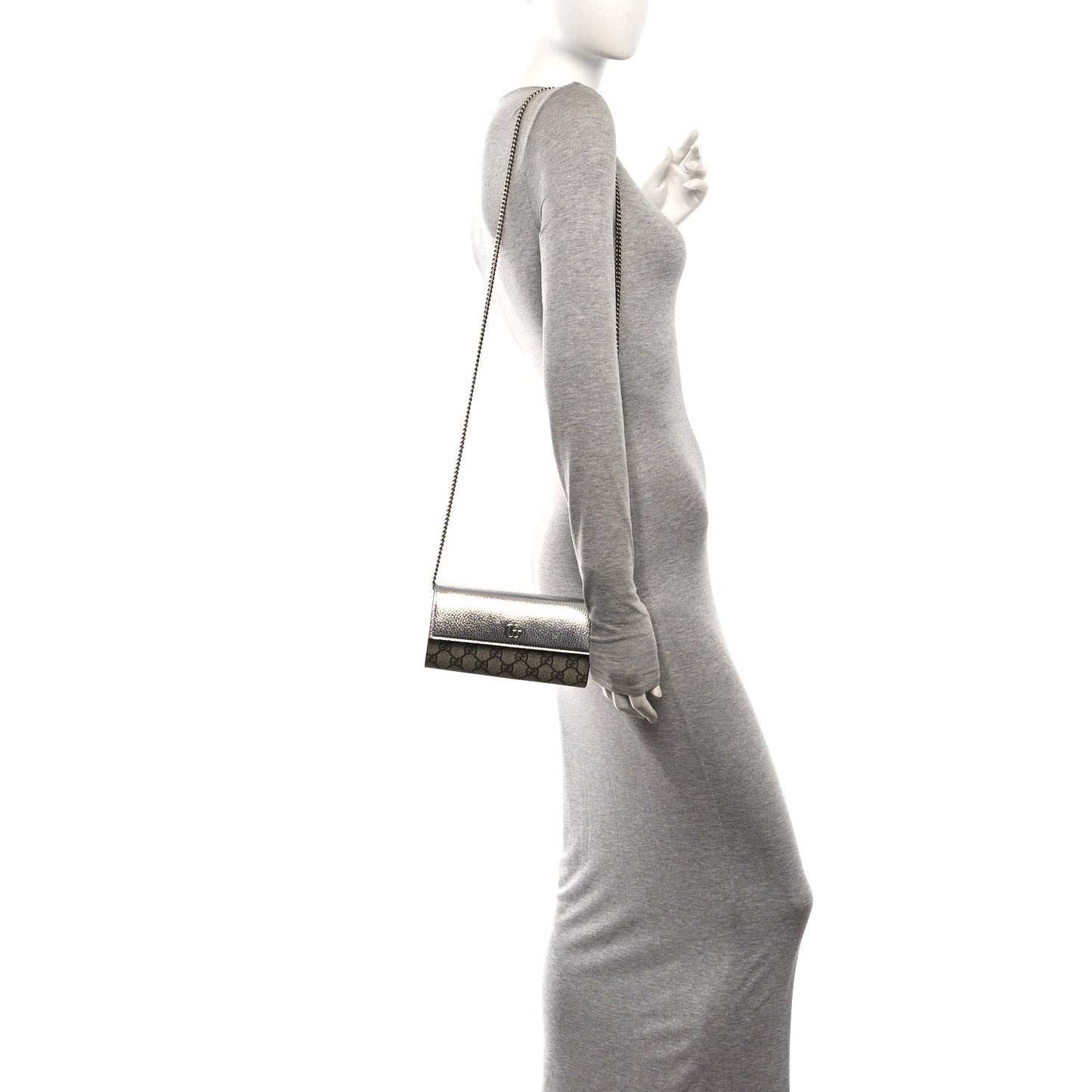 Metallic Calfskin GG Supreme Monogram Petite GG Marmont Wallet Chain Bag Silver Beige Ebony
