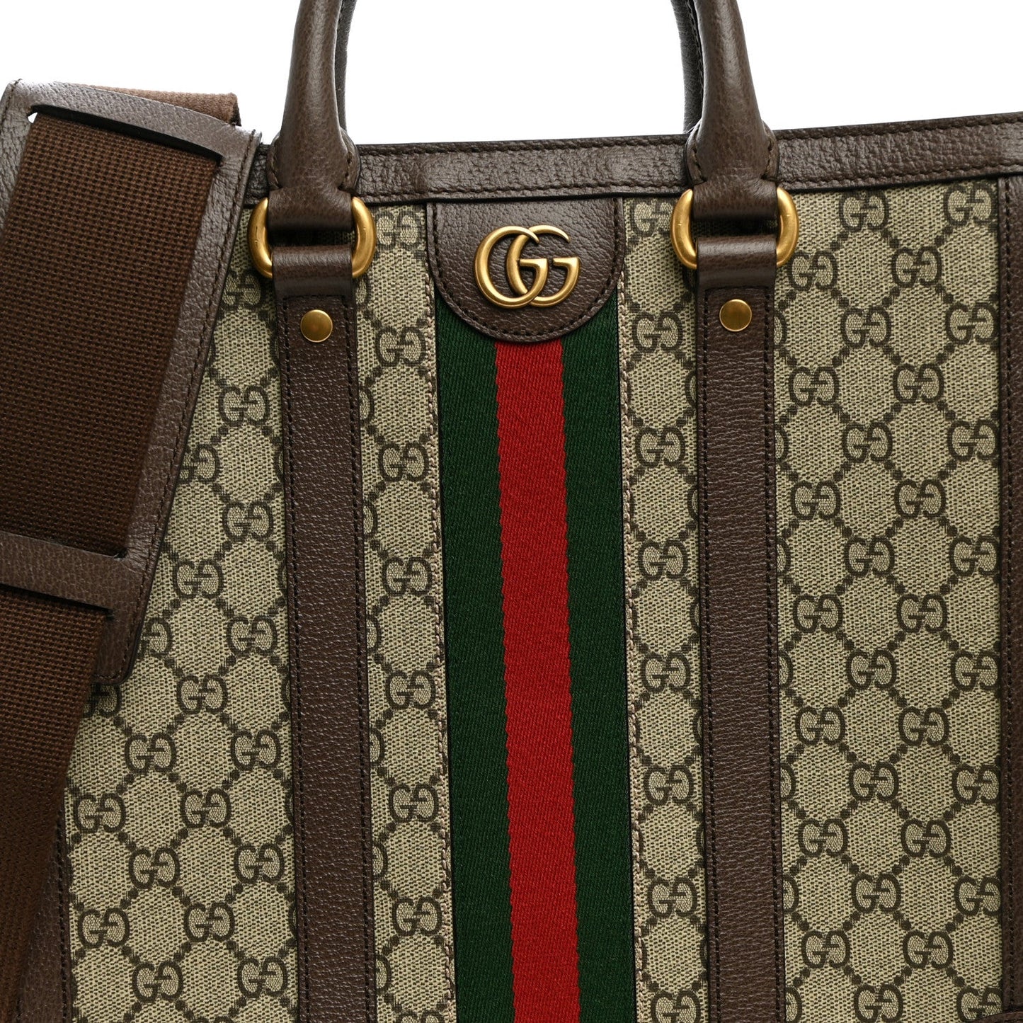 GG Supreme Monogram Textured Dollar Calfskin Web Medium Ophidia Tote Bag Beige Ebony