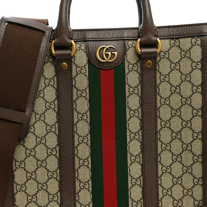 GG Supreme Monogram Textured Dollar Calfskin Web Medium Ophidia Tote Bag Beige Ebony