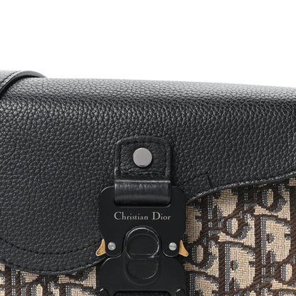 Grained Calfskin Oblique Mini Saddle Messenger Bag With Flap Beige Black