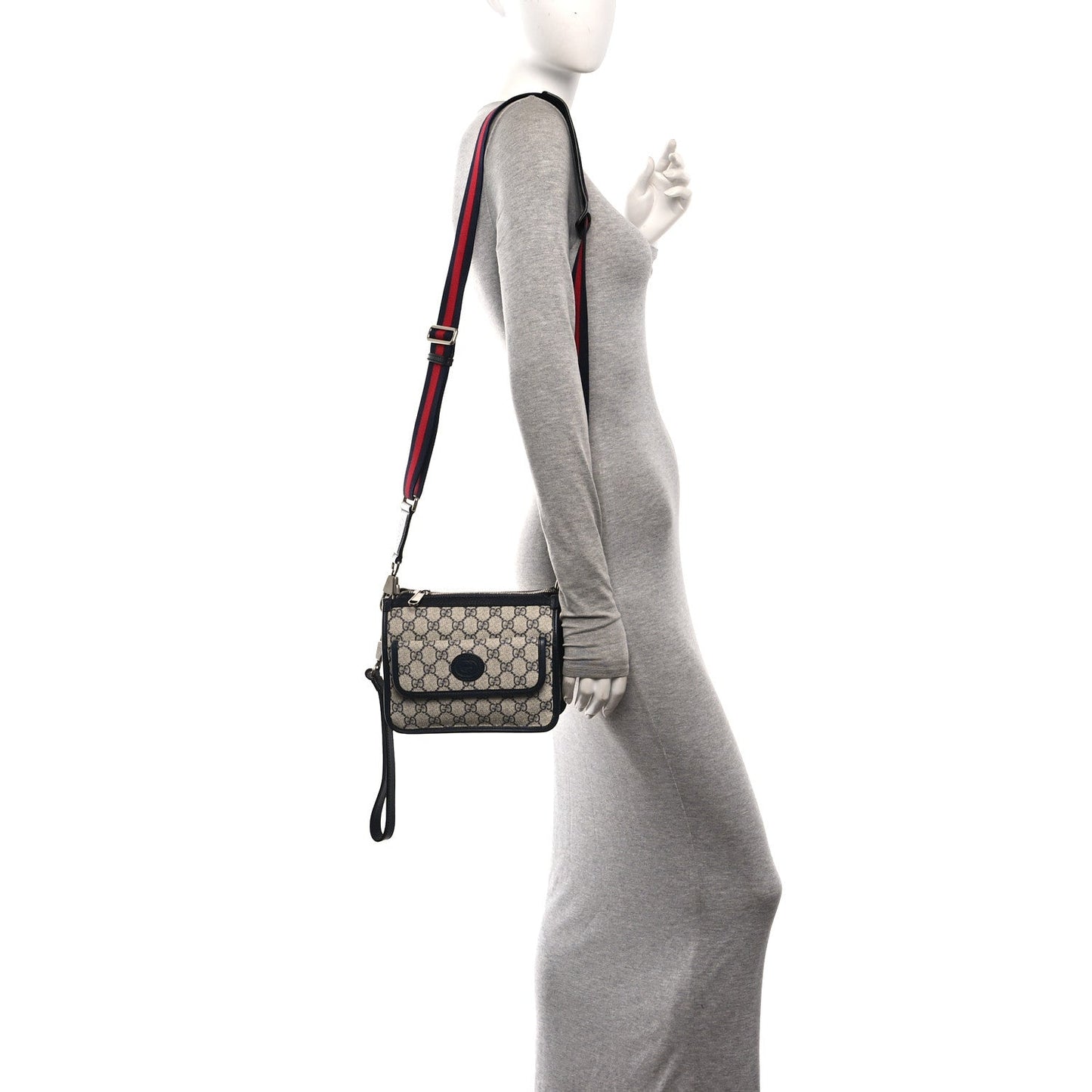 GG Supreme Monogram Azalea Calfskin Retro Interlocking G Wristlet Messenger Bag Beige Blue