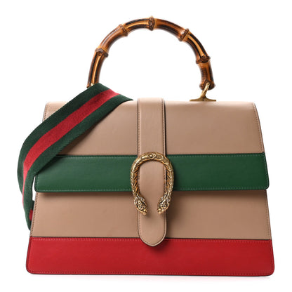 Moon Calfskin Web Large Dionysus Bamboo Top Handle Bag Camelia Bright Evergreen Hibiscus Red