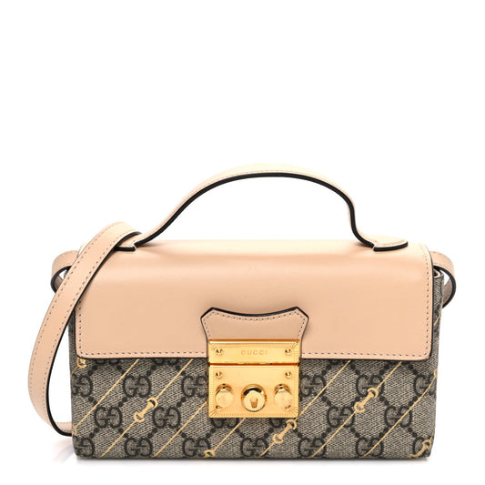 GG Supreme Monogram Calfskin Horsebit Print Mini Padlock Top Handle Shoulder Bag Beige Ebony Light Pink