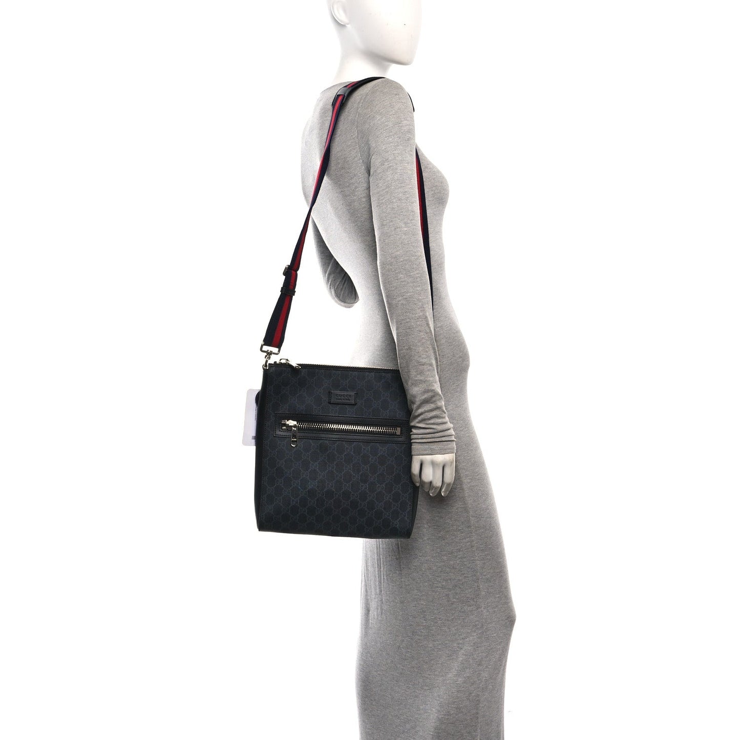 GG Supreme Monogram Appia Calfskin Web Flat Messenger Bag Black Grey