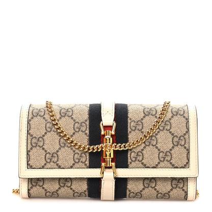 GG Supreme Monogram Textured Calfskin Web Jackie 1961 Chain Wallet Beige Ebony Mystic White