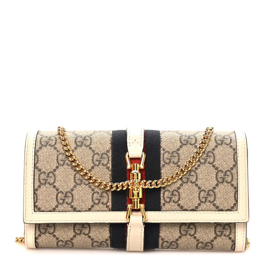 GG Supreme Monogram Textured Calfskin Web Jackie 1961 Chain Wallet Beige Ebony Mystic White