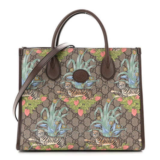 GG Supreme Monogram Tiger Savanah Textured Dollar Calfskin Small Retro Interlocking G Tote Bag Beige Ebony Multicolor New Acero