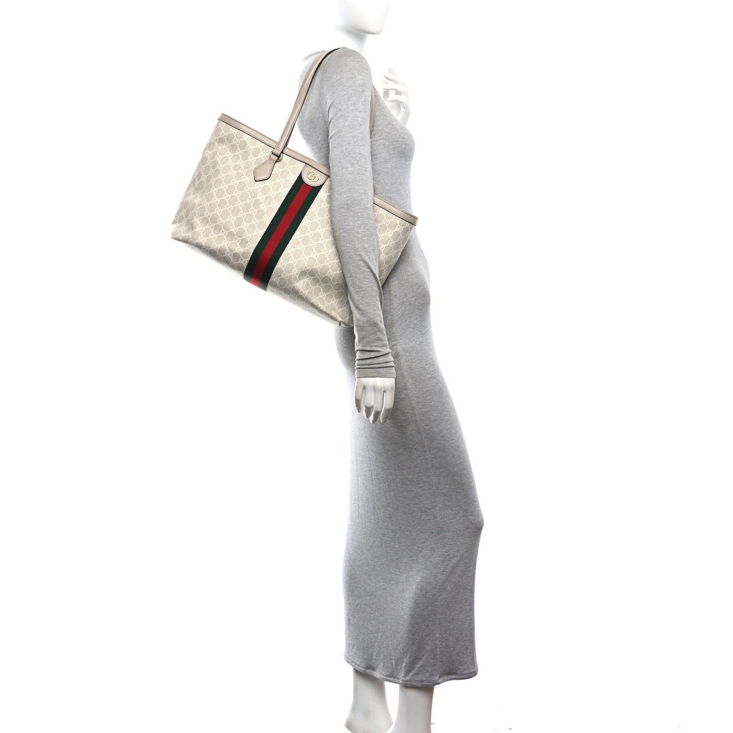 GG Supreme Monogram Textured Dollar Calfskin Web Medium Ophidia Shopping Tote Beige Mystic White Oatmeal