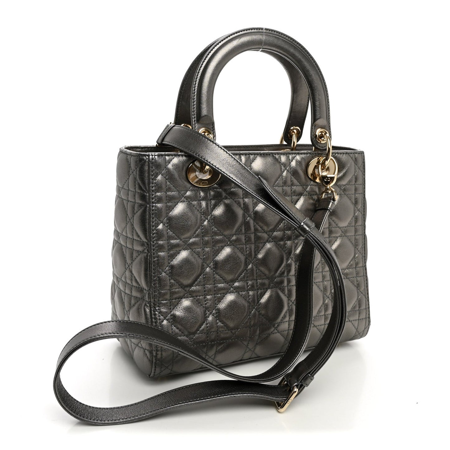 Metallic Calfskin Cannage Medium Lady Dior Gunmetal Grey