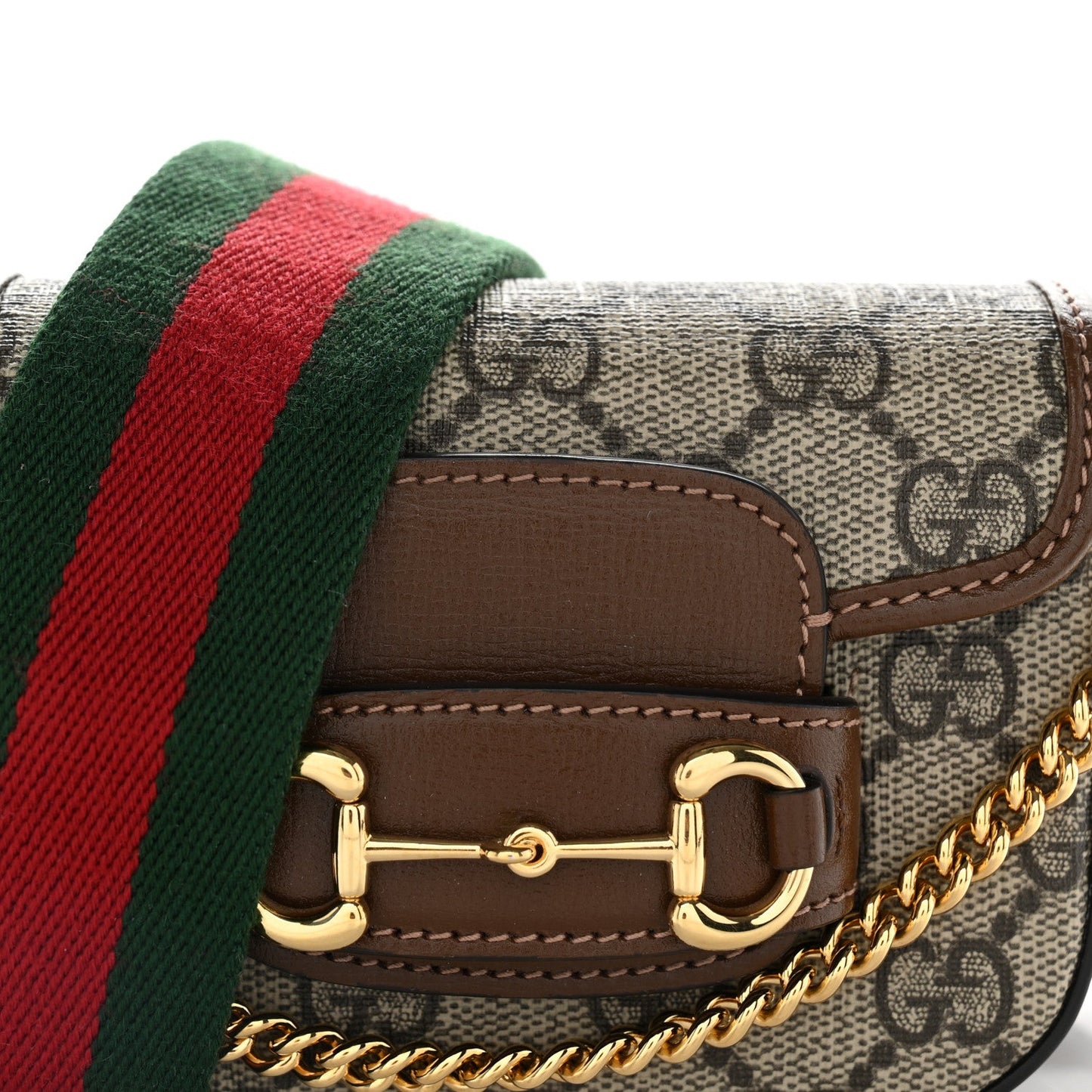 GG Supreme Monogram Azalea Calfskin Web Horsebit 1955 Wallet On Strap Beige Ebony Brown Sugar