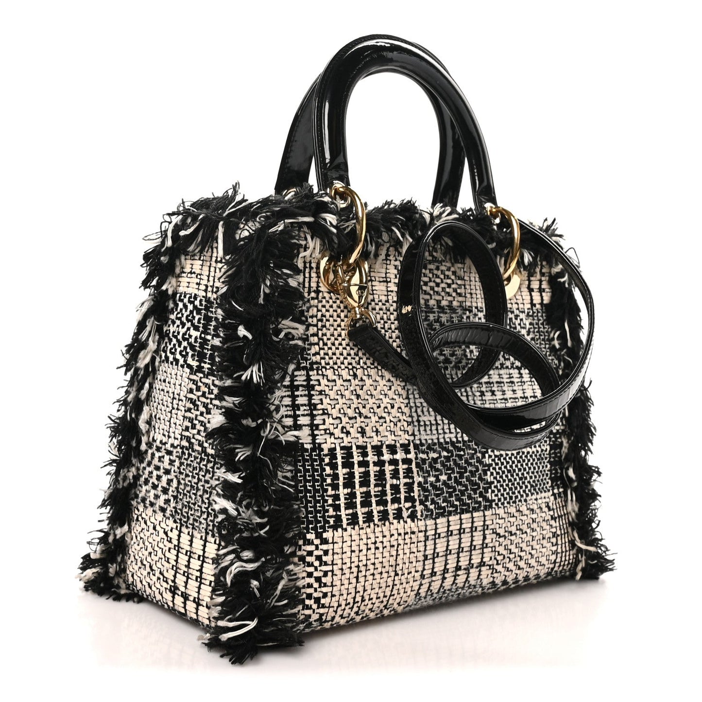 Tweed Fringe Medium Lady Dior White Black