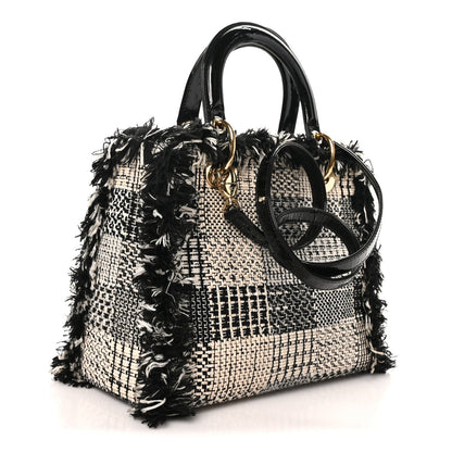 Tweed Fringe Medium Lady Dior White Black